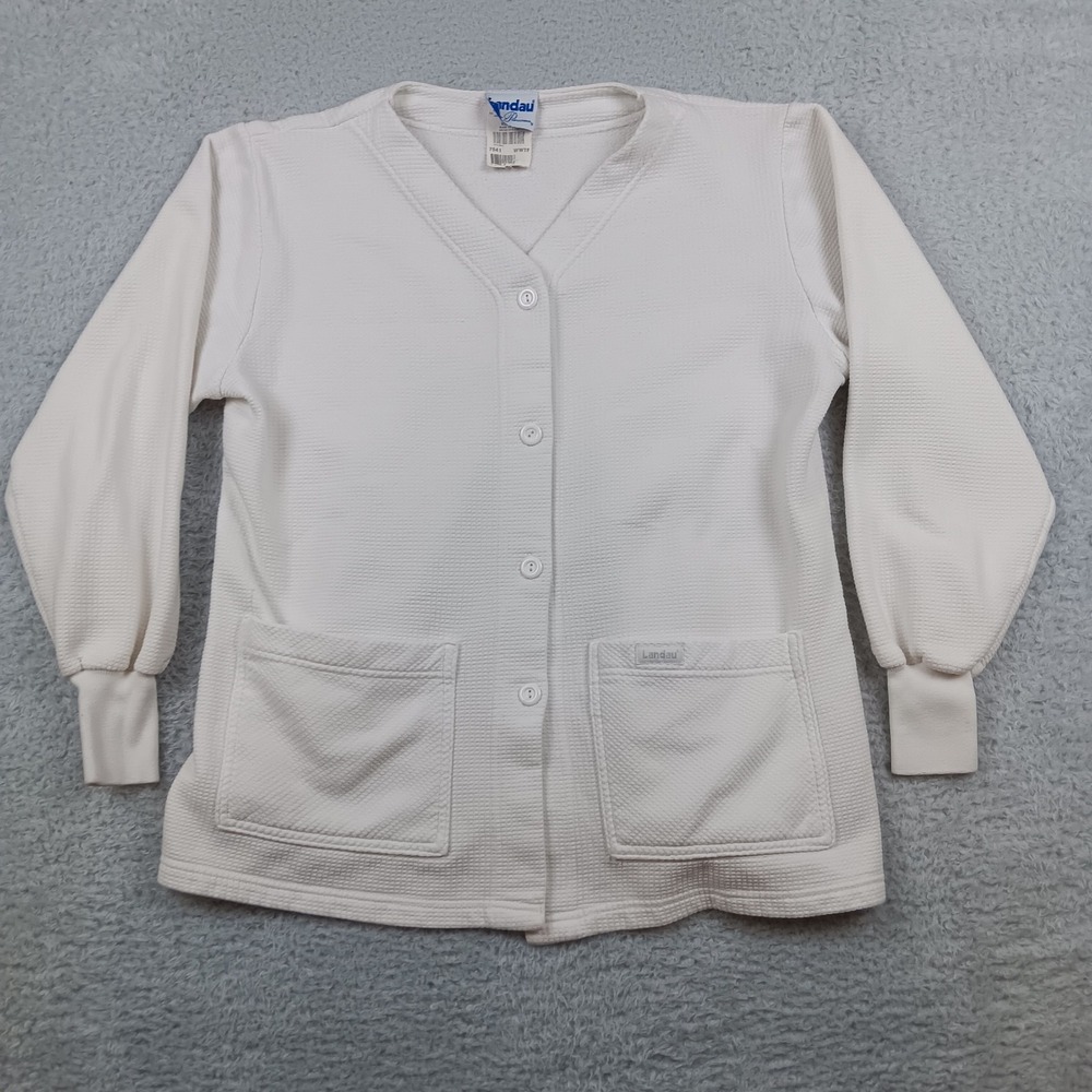 Landau Scrub Jacket Cardigan Women M White Waffle Knit Button Front 7541 WWTF
